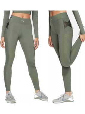 Nike AeroAdapt Dri-FIT High Rise Leggings Olive Green XS Mesh Athletic